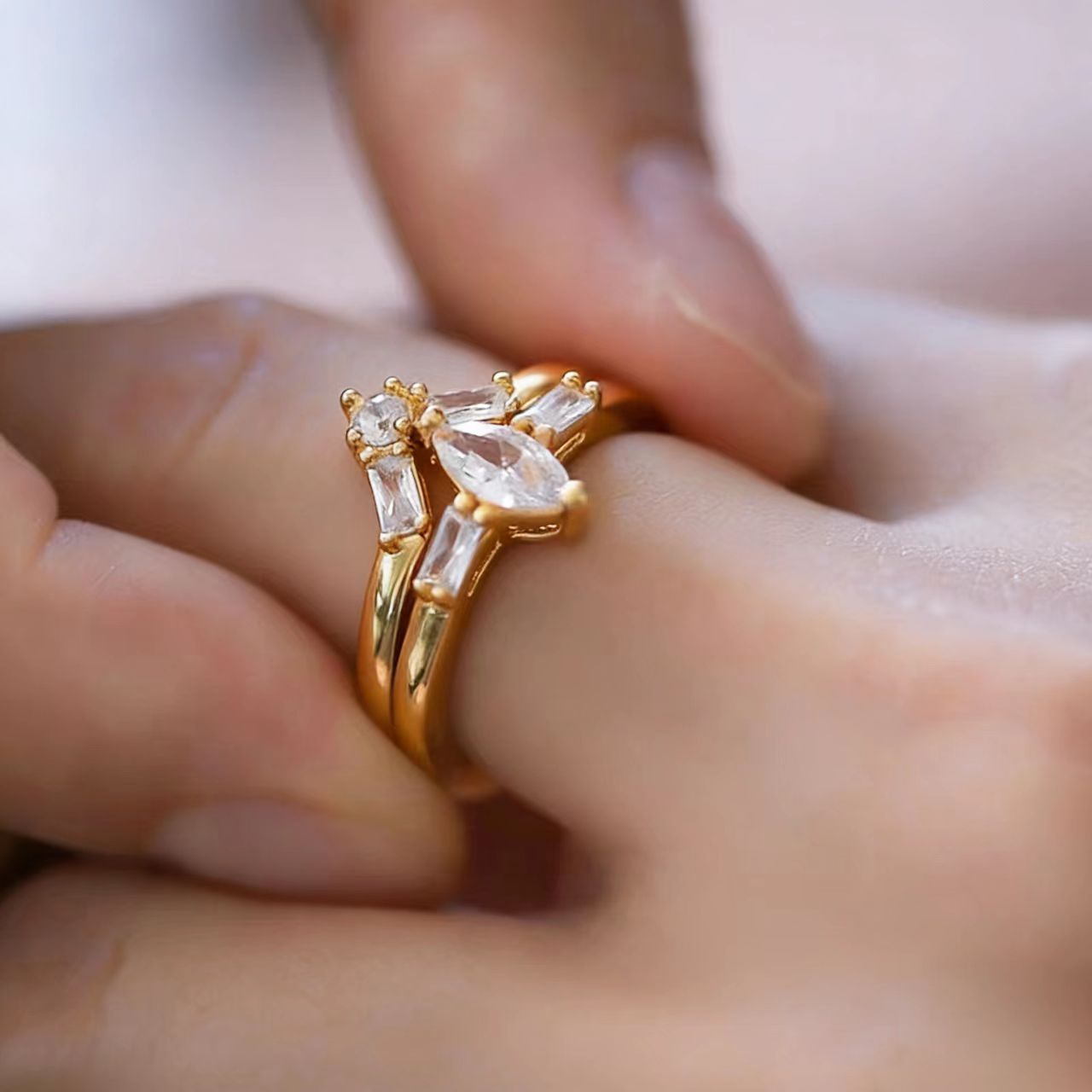 1ct Marquise-Cut Moissanite Ring Set - 18k Yellow Gold - BOCOS JEWELRY