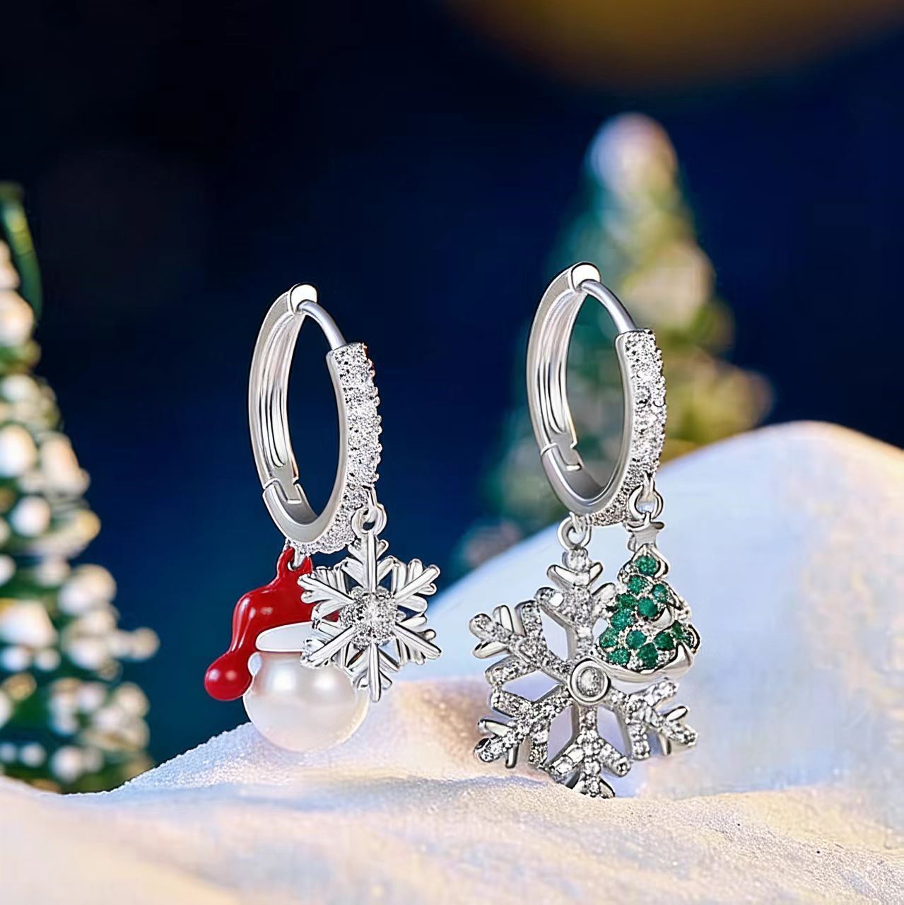 1.0ct Round-Cut Moissanite & Natural Pearl Asymmetric Christmas Drop Earrings - S925 Silver - BOCOS JEWELRY