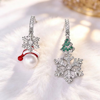 1.0ct Round-Cut Moissanite & Natural Pearl Asymmetric Christmas Drop Earrings - S925 Silver - BOCOS JEWELRY