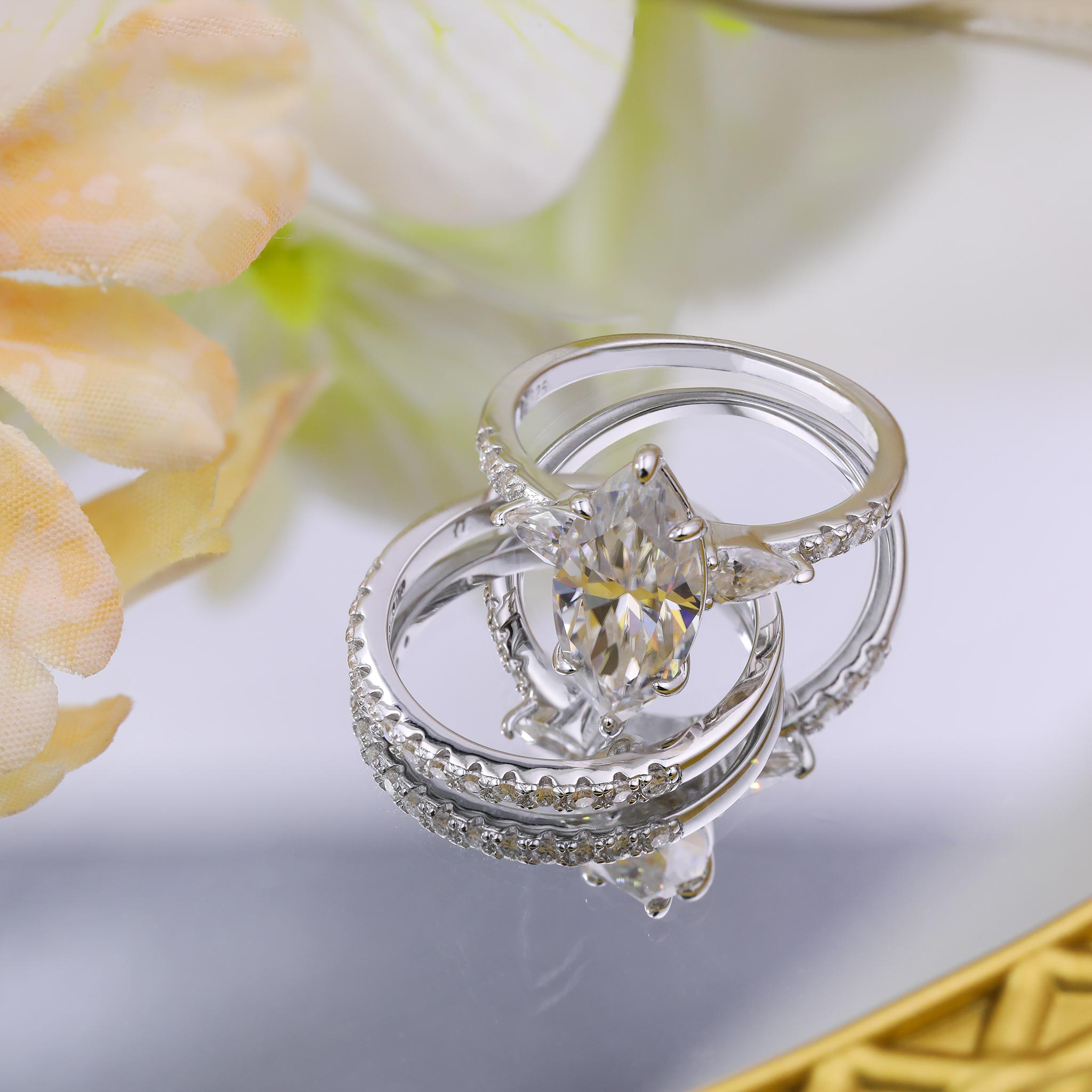 4ct Marquise Cut Moissanite Engagement Ring with Side Stones – 925 Sterling Silver Wedding Band - bocosjewelry