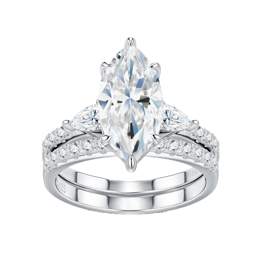 4ct Marquise Cut Moissanite Engagement Ring with Side Stones – 925 Sterling Silver Wedding Band