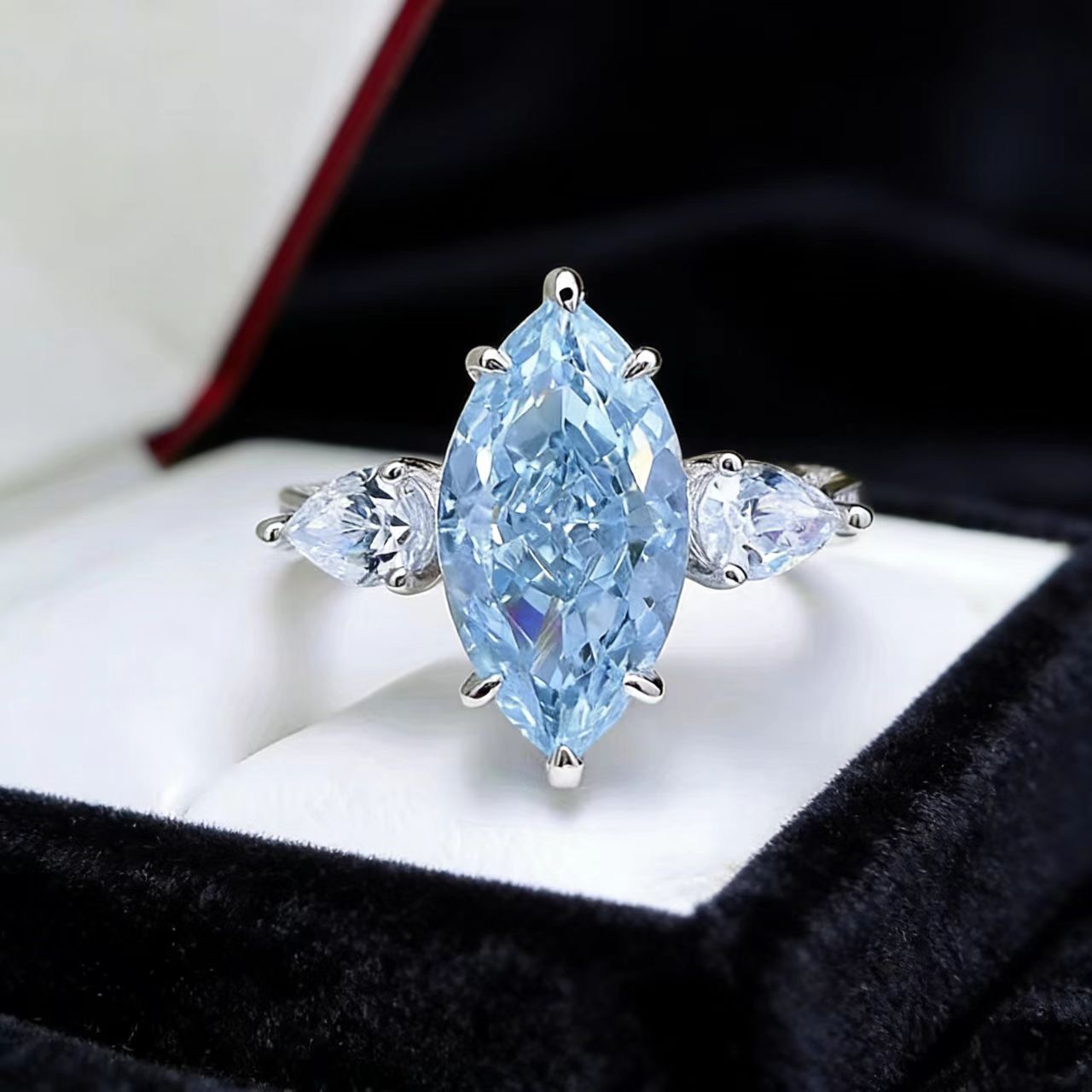 3ct Marquise-Cut Blue Moissanite Bypass Ring - 18k White Gold - BOCOS JEWELRY