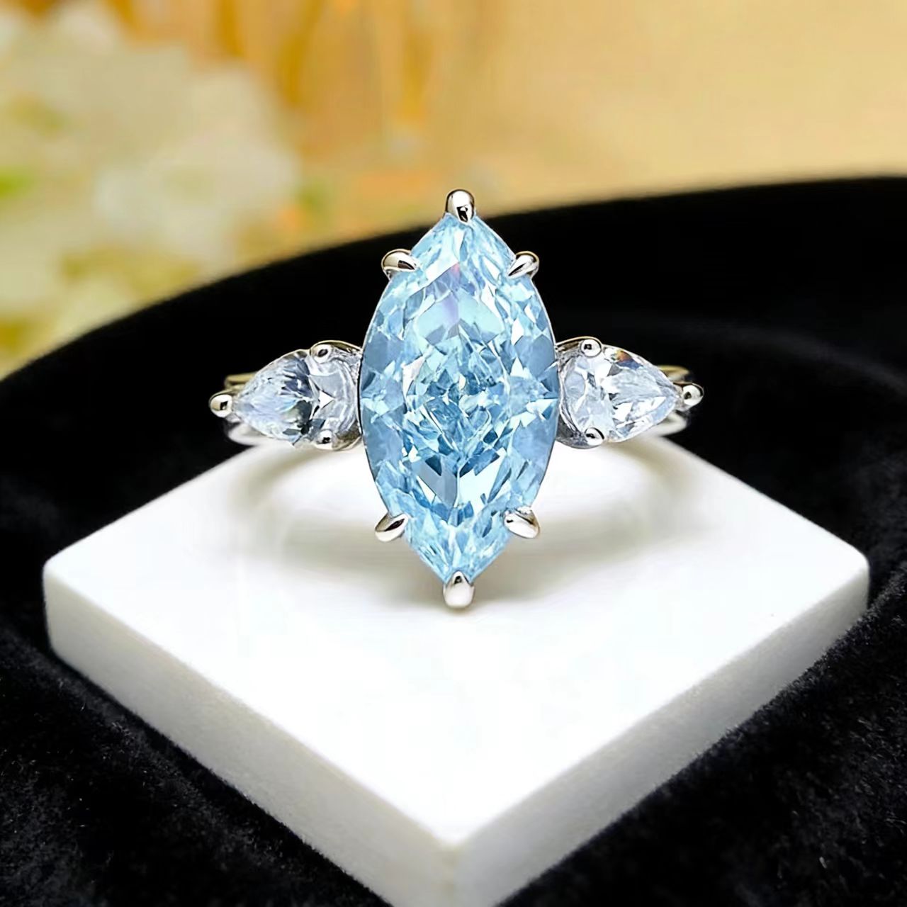 3ct Marquise-Cut Blue Moissanite Bypass Ring - 18k White Gold - BOCOS JEWELRY