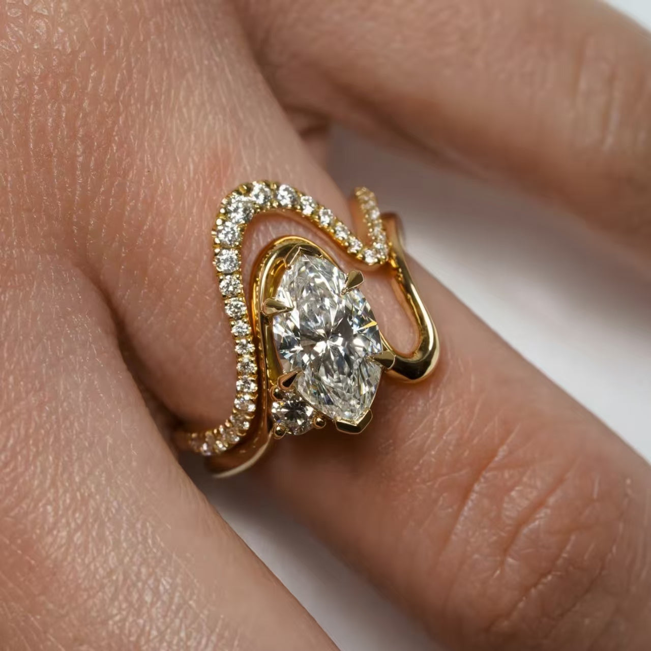 2.5ct Marquise-Cut Moissanite Curved Wrap Ring - 18k Yellow Gold - BOCOS JEWELRY