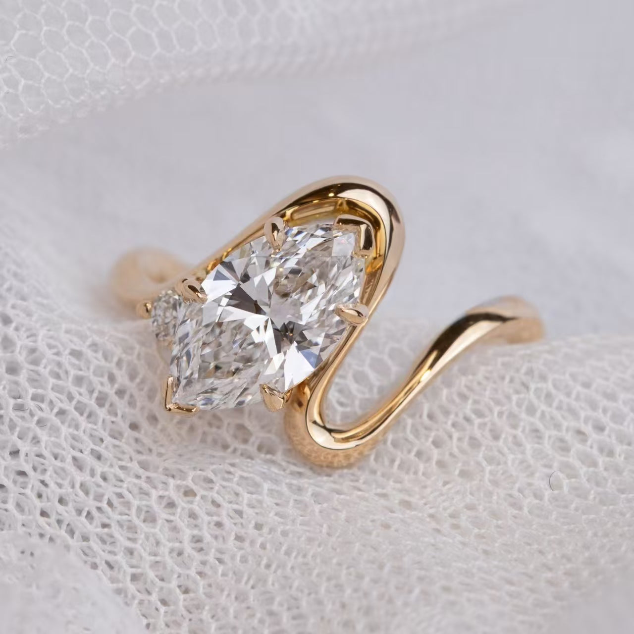 2.5ct Marquise-Cut Moissanite Curved Wrap Ring - 18k Yellow Gold - BOCOS JEWELRY