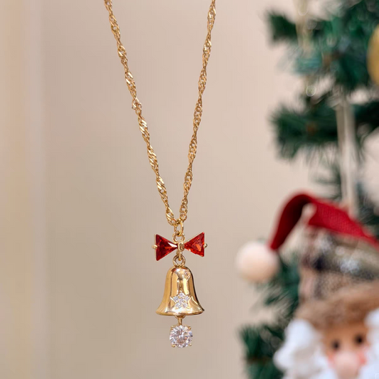 Christmas Themed Round-Cut Moissanite & Triangle-Cut Lab-Grown Ruby Pendant Necklace - 18k Yellow Gold - BOCOS JEWELRY