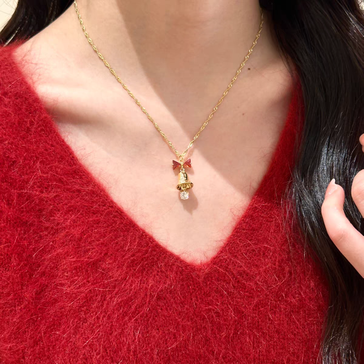 Christmas Themed Round-Cut Moissanite & Triangle-Cut Lab-Grown Ruby Pendant Necklace - 18k Yellow Gold - BOCOS JEWELRY