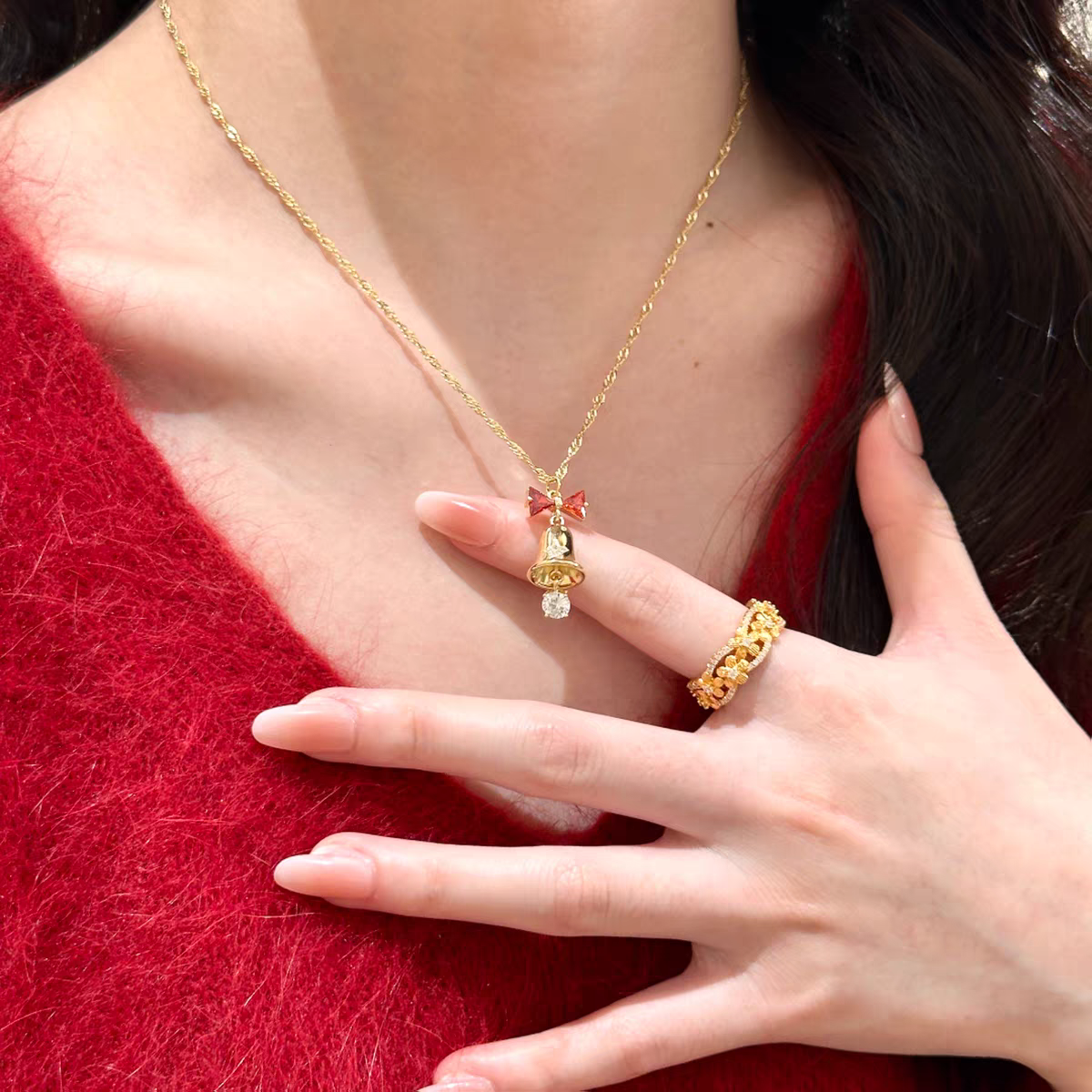 Christmas Themed Round-Cut Moissanite & Triangle-Cut Lab-Grown Ruby Pendant Necklace - 18k Yellow Gold - BOCOS JEWELRY