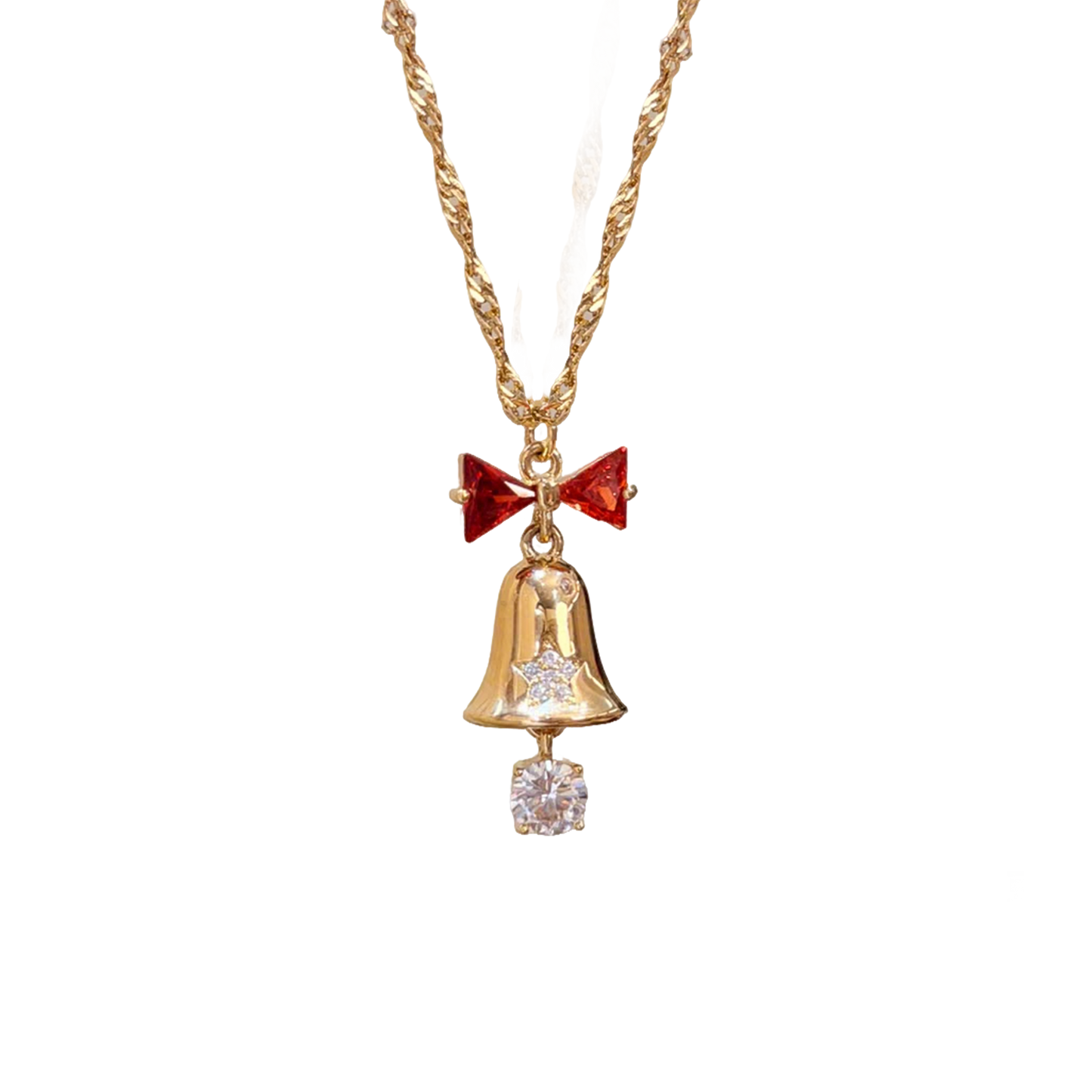 Christmas Themed Round-Cut Moissanite & Triangle-Cut Lab-Grown Ruby Pendant Necklace - 18k Yellow Gold - BOCOS JEWELRY