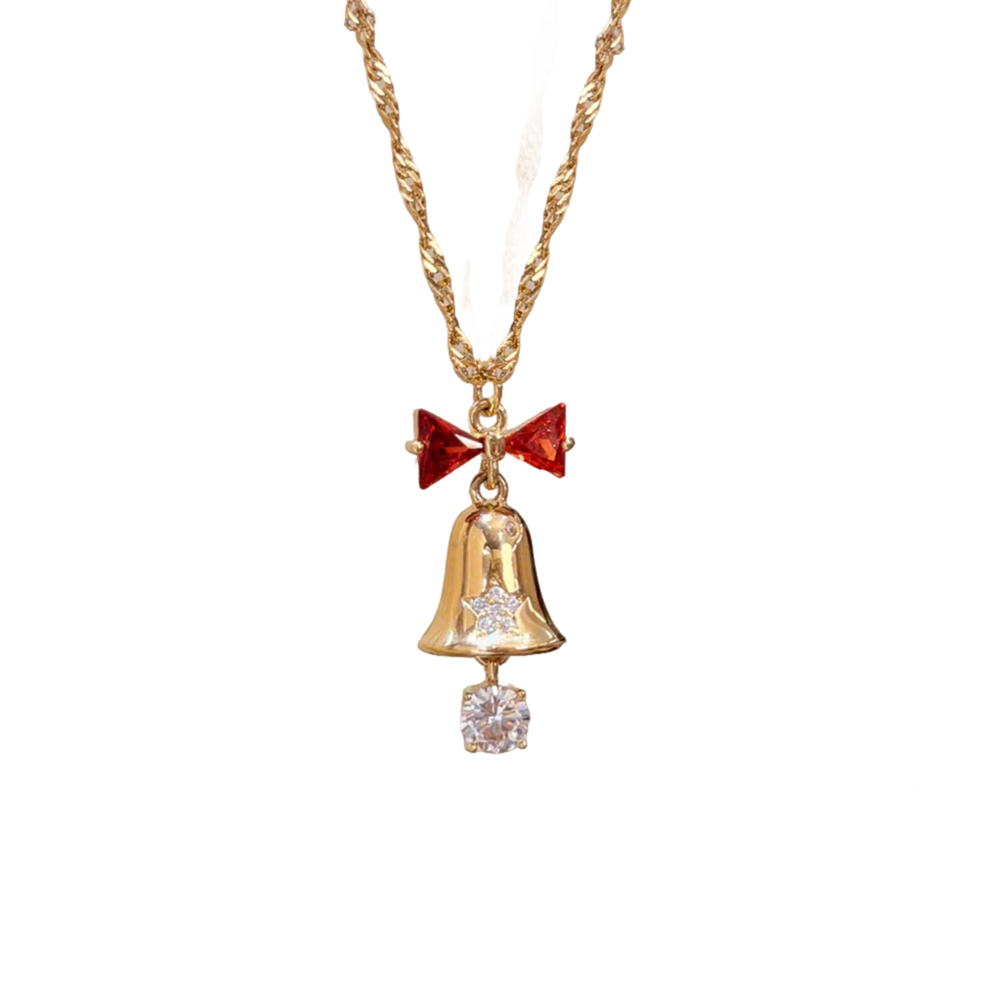 Christmas Themed Round-Cut Moissanite & Triangle-Cut Lab-Grown Ruby Pendant Necklace - 18k Yellow Gold - BOCOS JEWELRY