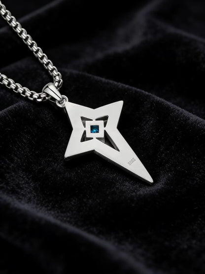 0.8ct Princess-Cut Lab-Grown Blue Sapphire Star Pendant Necklace - 925 Sterling Silver - BOCOS JEWELRY