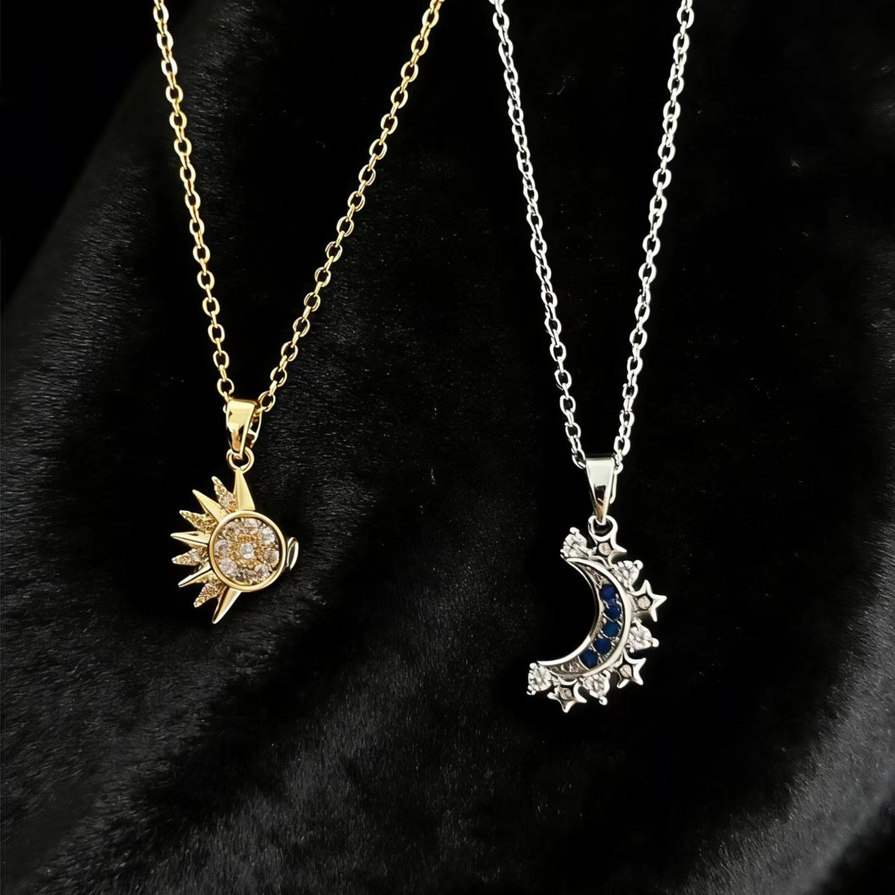 Sun & Moon Split Pendant Necklace Set - S925 Sterling Silver (Moissanite Inlaid) - BOCOS JEWELRY