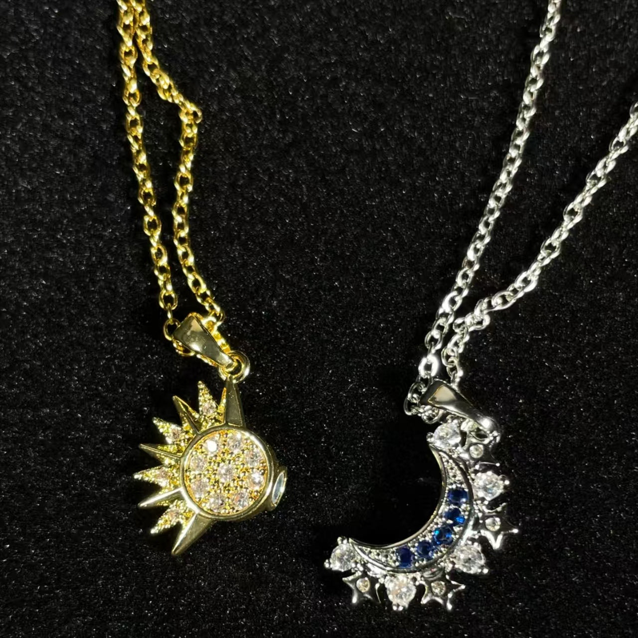 Sun & Moon Split Pendant Necklace Set - S925 Sterling Silver (Moissanite Inlaid) - BOCOS JEWELRY