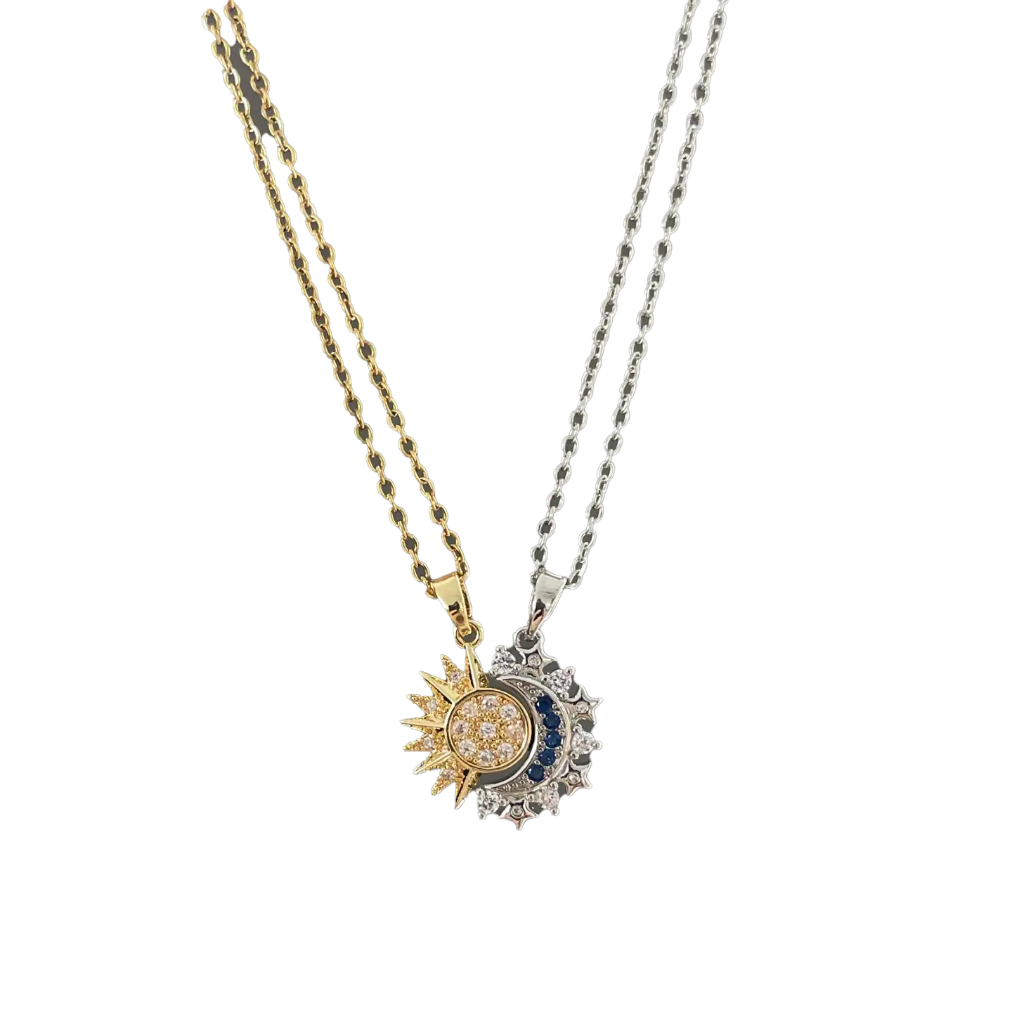 Sun & Moon Split Pendant Necklace Set - S925 Sterling Silver (Moissanite Inlaid) - BOCOS JEWELRY