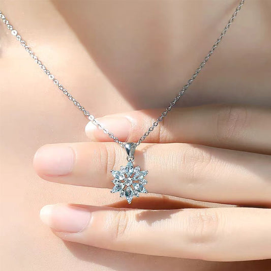 Snowflake Pendant Necklace - 925 Sterling Silver (Marquise-Cut Lab-Grown Blue Sapphire & Round-Cut Moissanite) - BOCOS JEWELRY