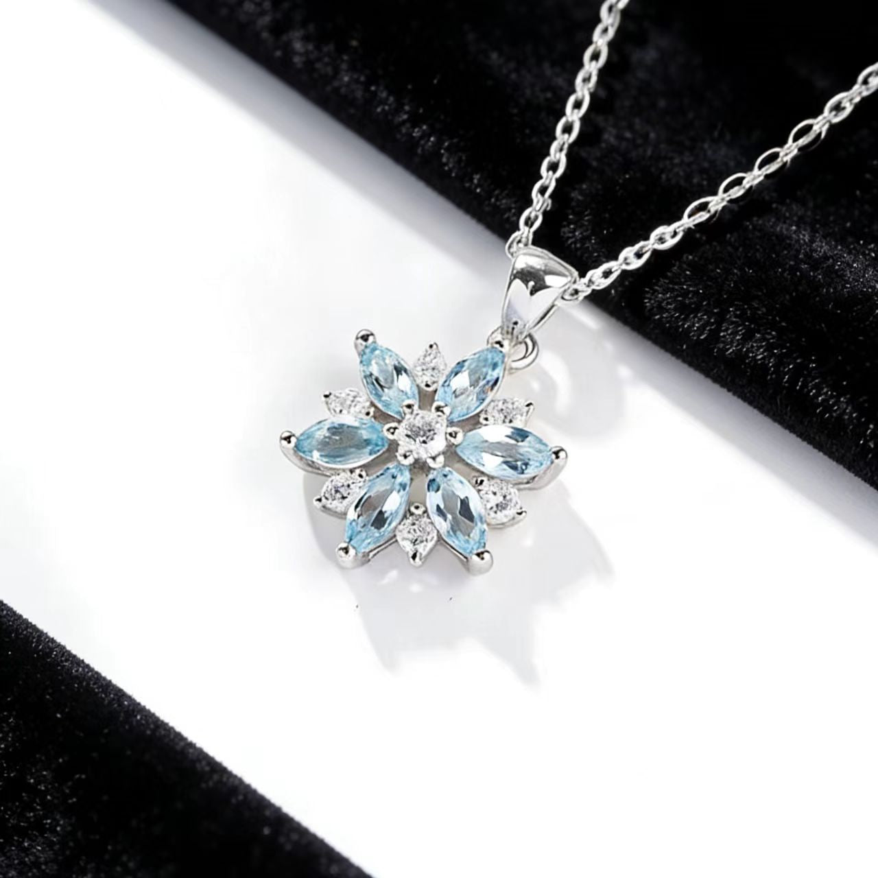 Snowflake Pendant Necklace - 925 Sterling Silver (Marquise-Cut Lab-Grown Blue Sapphire & Round-Cut Moissanite) - BOCOS JEWELRY