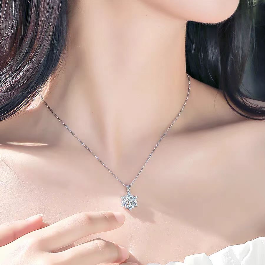 Snowflake Pendant Necklace - 925 Sterling Silver (Marquise-Cut Lab-Grown Blue Sapphire & Round-Cut Moissanite) - BOCOS JEWELRY