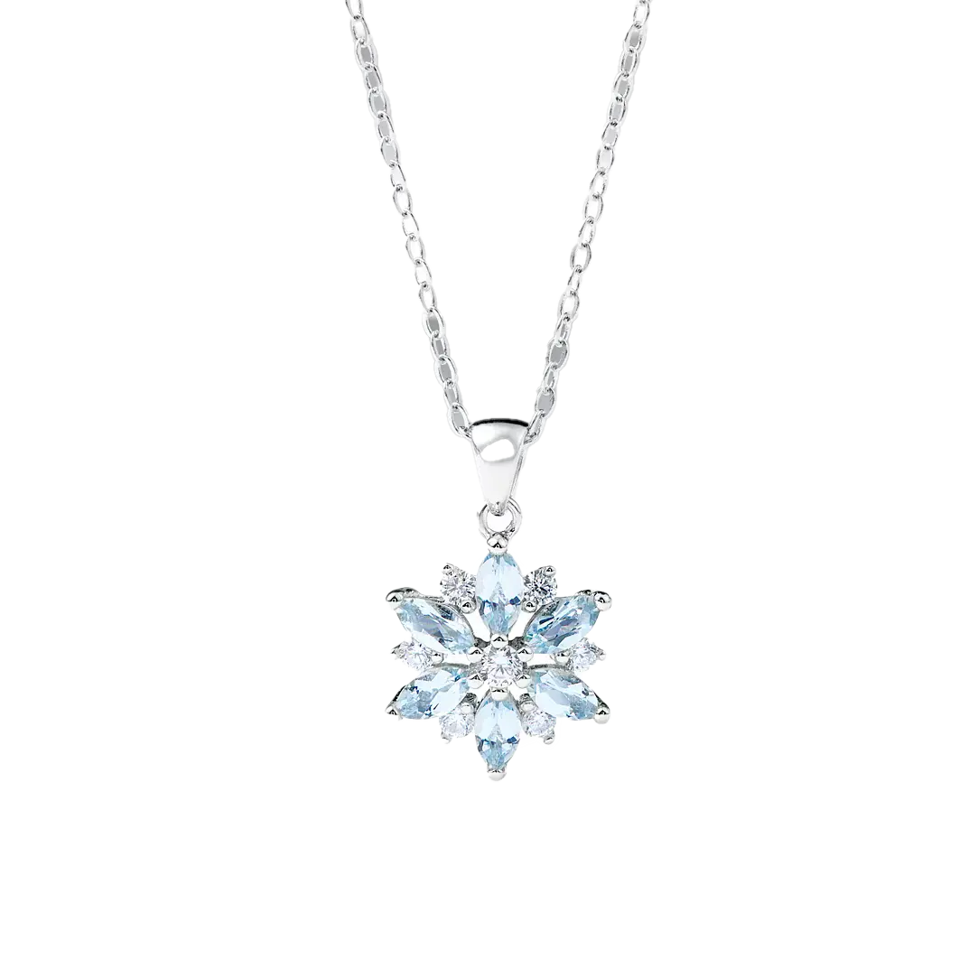 Snowflake Pendant Necklace - 925 Sterling Silver (Marquise-Cut Lab-Grown Blue Sapphire & Round-Cut Moissanite) - BOCOS JEWELRY