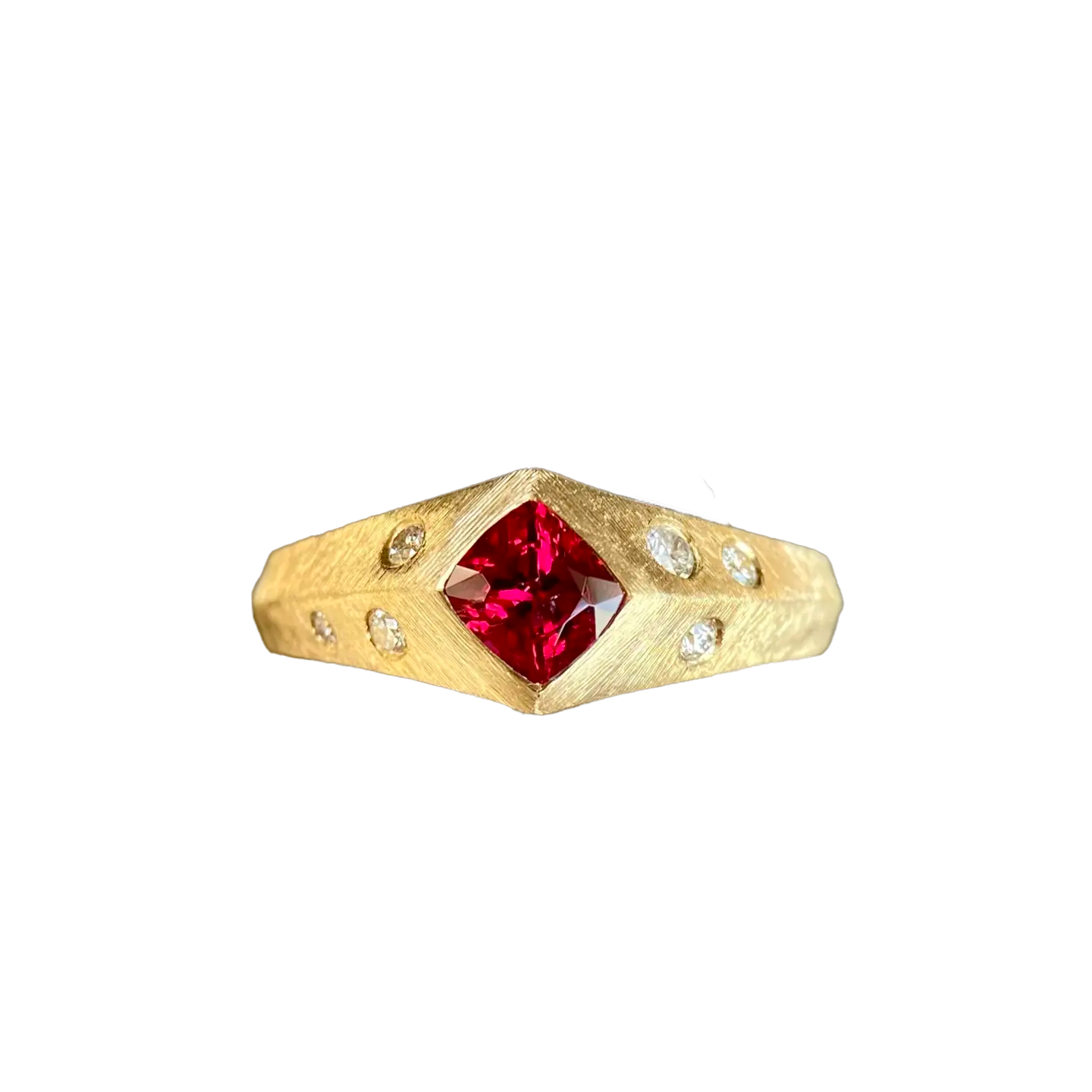Textured Geometric Ring - 18k Yellow Gold (Princess-Cut Lab-Grown Ruby & Round-Cut Moissanite) - BOCOS JEWELRY