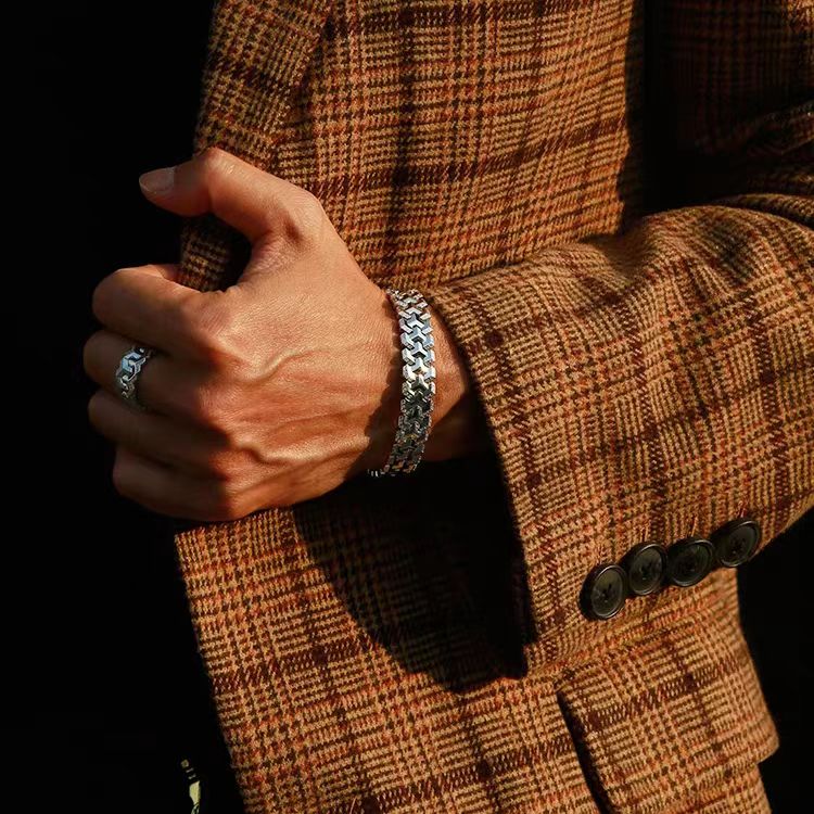 Geometric Arrow Texture Men's Bracelet - 925 Sterling Silver/Platinum - BOCOS JEWELRY