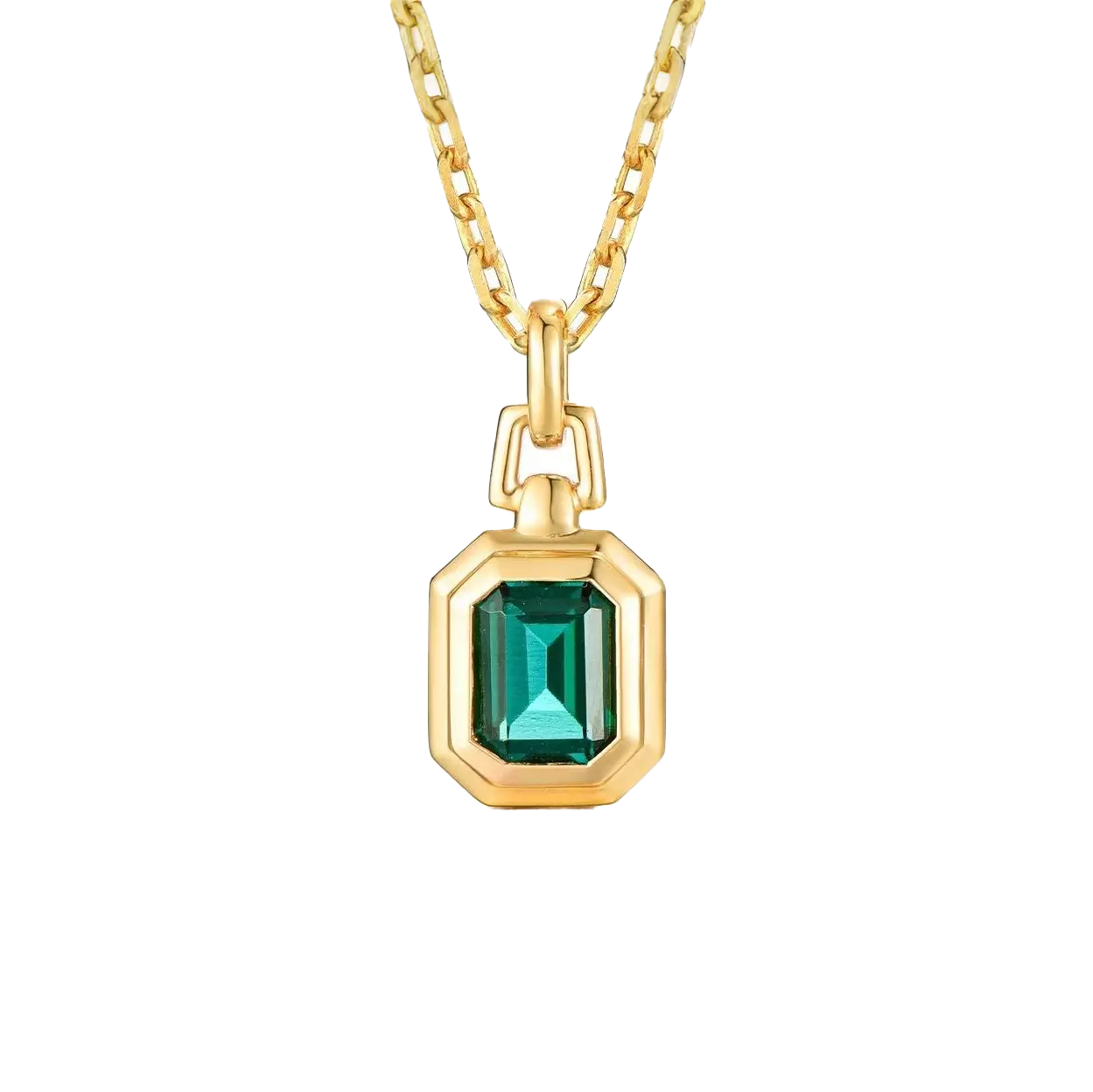 Emerald-Cut Lab-Grown Emerald Pendant Necklace - 18k/14k/10k Yellow Gold (Heavy-Gauge Bezel Setting) - BOCOS JEWELRY
