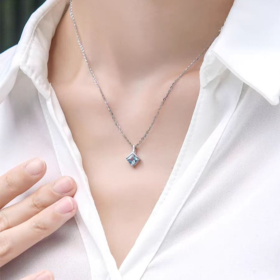 Princess-Cut Lab-Grown Blue Sapphire Pendant Necklace - 925 Sterling Silver - BOCOS JEWELRY