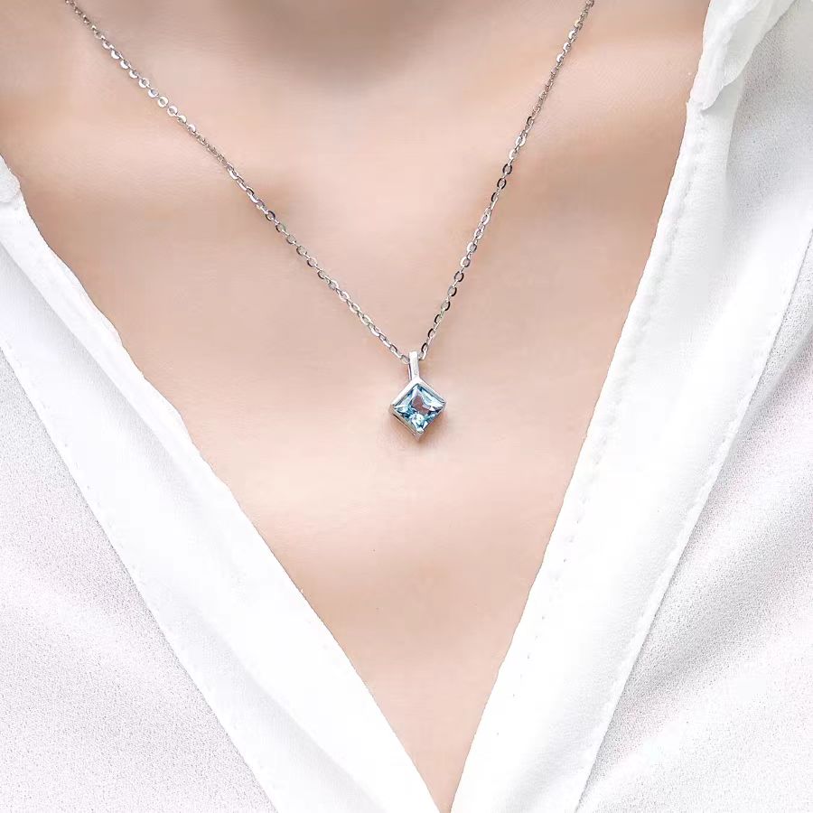 Princess-Cut Lab-Grown Blue Sapphire Pendant Necklace - 925 Sterling Silver - BOCOS JEWELRY