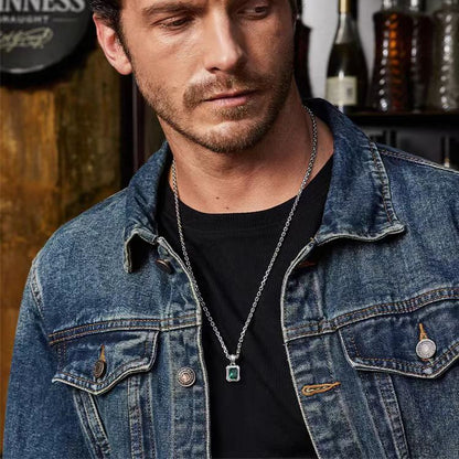 Radiant-Cut Lab-Grown Emerald Men's Pendant Necklace - 925 Sterling Silver - BOCOS JEWELRY