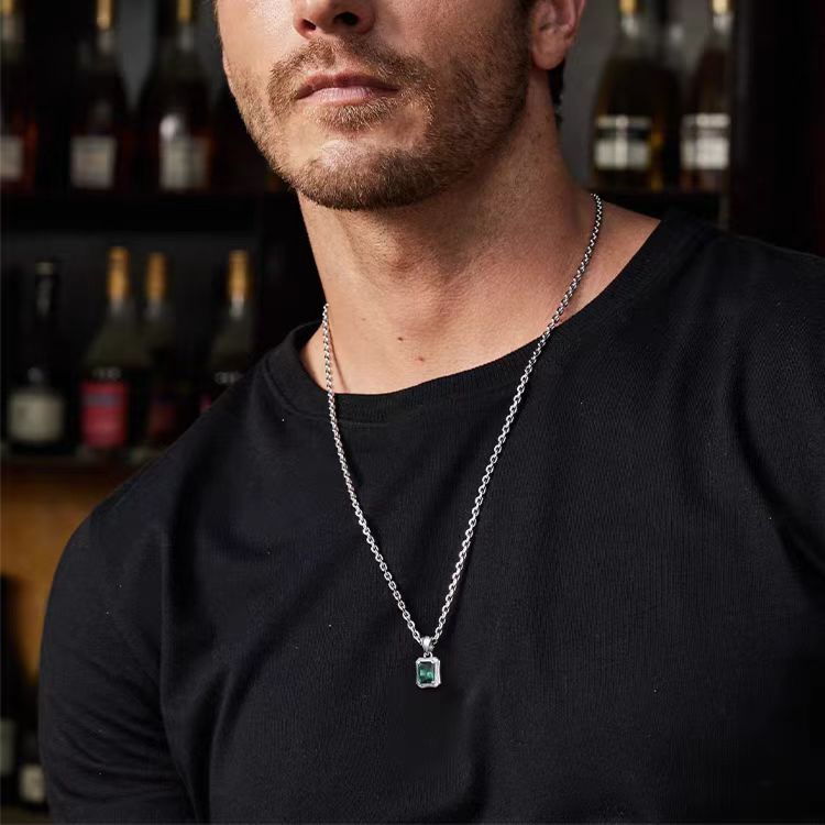 Radiant-Cut Lab-Grown Emerald Men's Pendant Necklace - 925 Sterling Silver - BOCOS JEWELRY