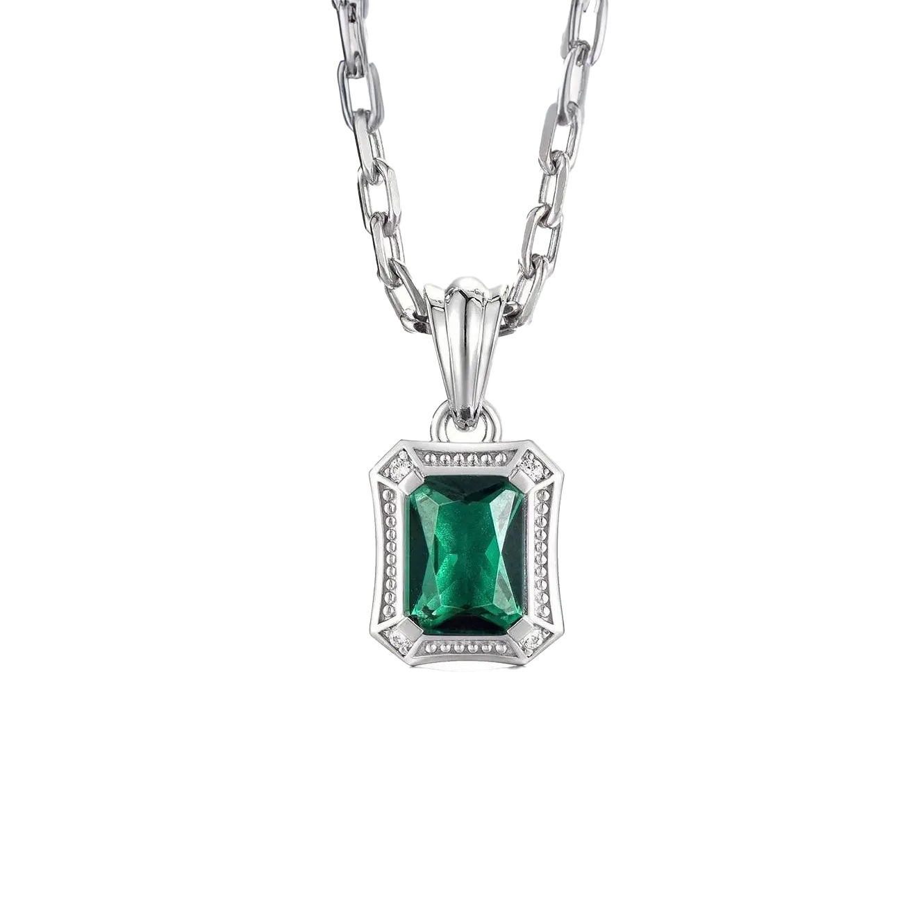 Radiant-Cut Lab-Grown Emerald Men's Pendant Necklace - 925 Sterling Silver - BOCOS JEWELRY