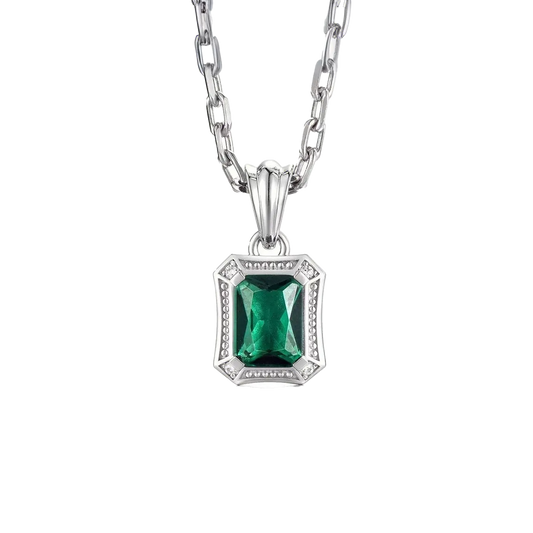 Radiant-Cut Lab-Grown Emerald Men's Pendant Necklace - 925 Sterling Silver - BOCOS JEWELRY
