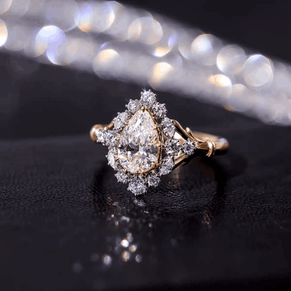 3ct Pear Cut Moissanite Engagement Ring | Halo Design S925 Silver Gold-Plated Ring for Women