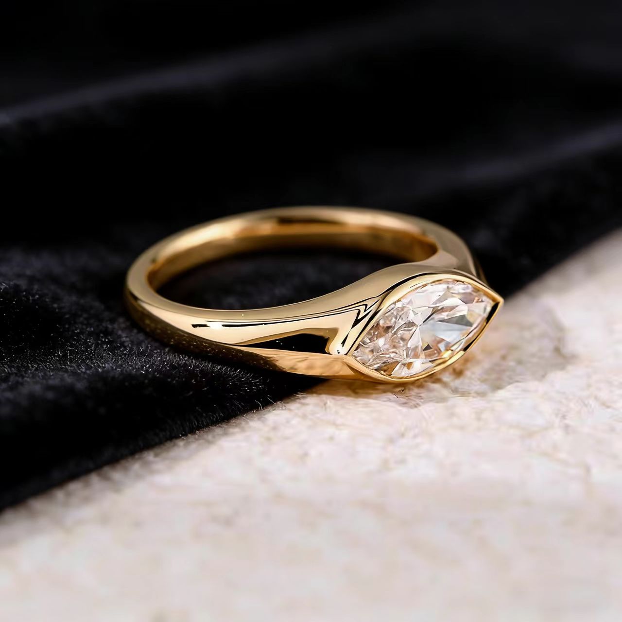 2.0ct Marquise-Cut Bezel-Set Moissanite Ring - S925 Silver Plated Gold - BOCOS JEWELRY