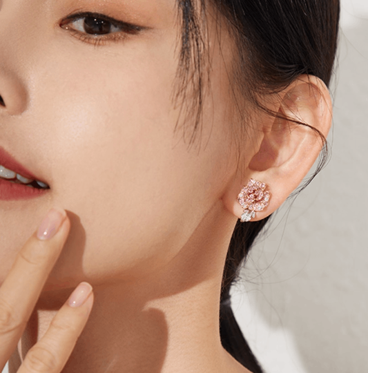 Lab-Grown Pink Sapphire Rose Flower Earrings | 18K Rose Gold Plated S925 Sterling Silver Earrings for Women - BOCOS Jewelry