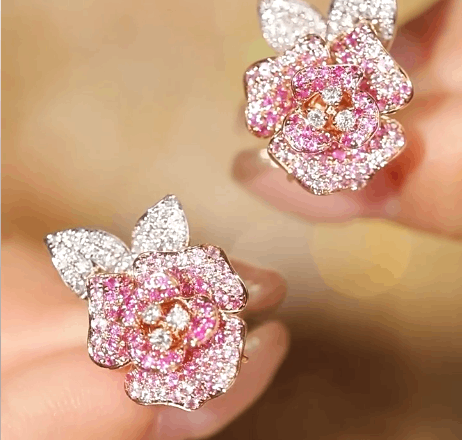 Lab-Grown Pink Sapphire Rose Flower Earrings | 18K Rose Gold Plated S925 Sterling Silver Earrings for Women - BOCOS Jewelry