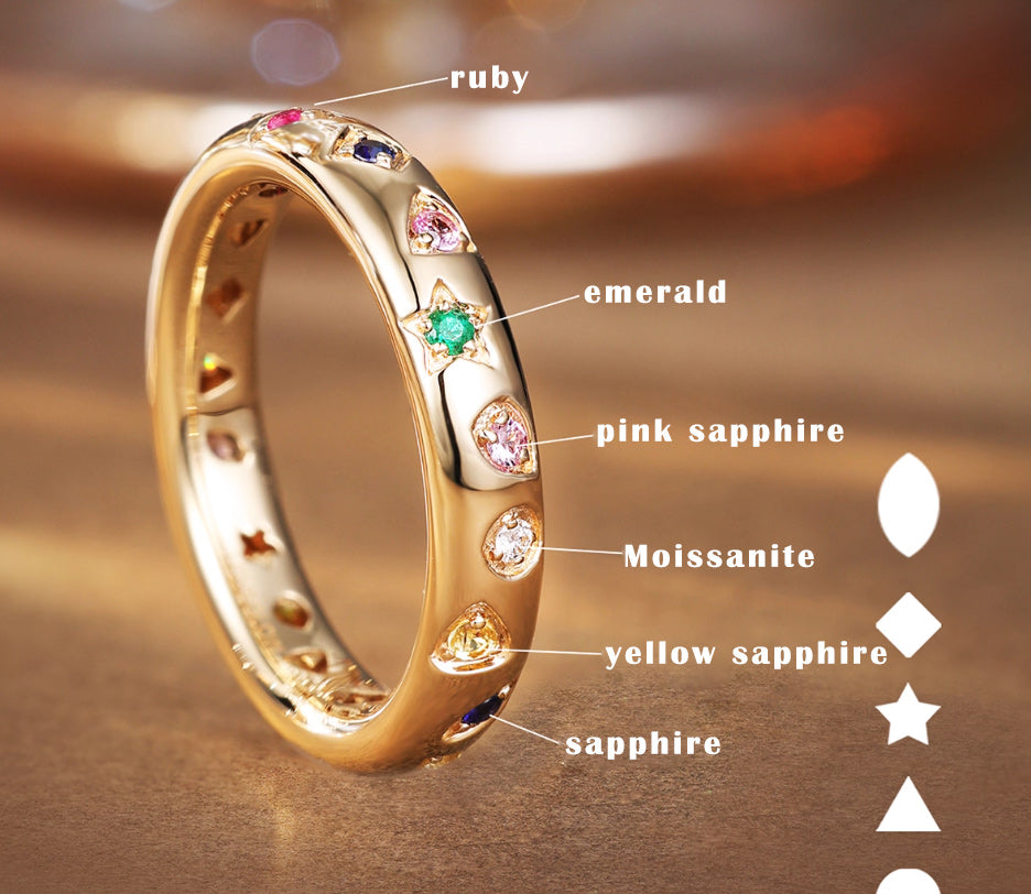 Lab-Grown Multi-Gemstone Flat-Set Band Ring | Rainbow Sapphire Ruby Emerald Moissanite 18K Gold Ring - BOCOS Jewelry