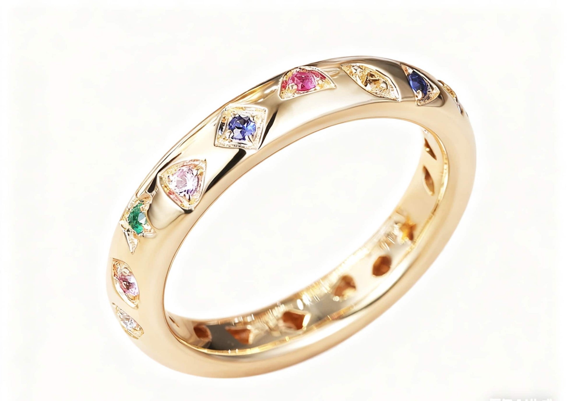 Lab-Grown Multi-Gemstone Flat-Set Band Ring | Rainbow Sapphire Ruby Emerald Moissanite 18K Gold Ring - BOCOS Jewelry