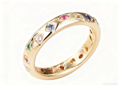 Lab-Grown Multi-Gemstone Flat-Set Band Ring | Rainbow Sapphire Ruby Emerald Moissanite 18K Gold Ring - BOCOS Jewelry
