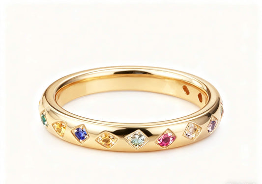 Lab-Grown Multi-Gemstone Flat-Set Band Ring | Rainbow Sapphire Ruby Emerald Moissanite 18K Gold Ring - BOCOS Jewelry