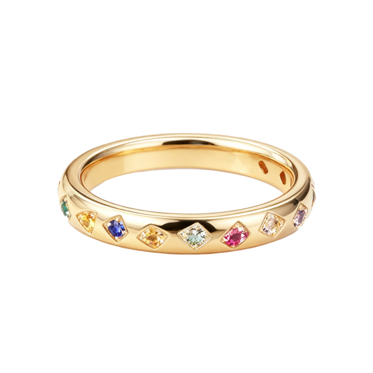 Lab-Grown Multi-Gemstone Flat-Set Band Ring | Rainbow Sapphire Ruby Emerald Moissanite 18K Gold Ring - BOCOS Jewelry