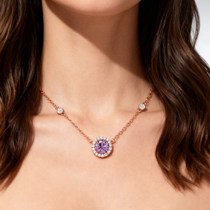 Lab-Grown Purple Sapphire Halo Necklace | 18K Rose Gold Plated S925 Sterling Silver Necklace for Women - BOCOS Jewelry