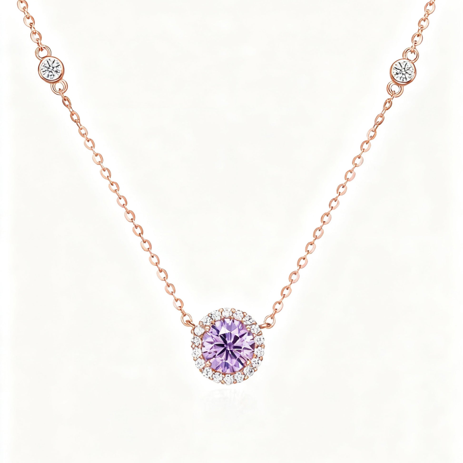 Lab-Grown Purple Sapphire Halo Necklace | 18K Rose Gold Plated S925 Sterling Silver Necklace for Women - BOCOS Jewelry