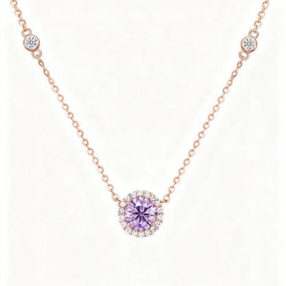 Lab-Grown Purple Sapphire Halo Necklace | 18K Rose Gold Plated S925 Sterling Silver Necklace for Women - BOCOS Jewelry