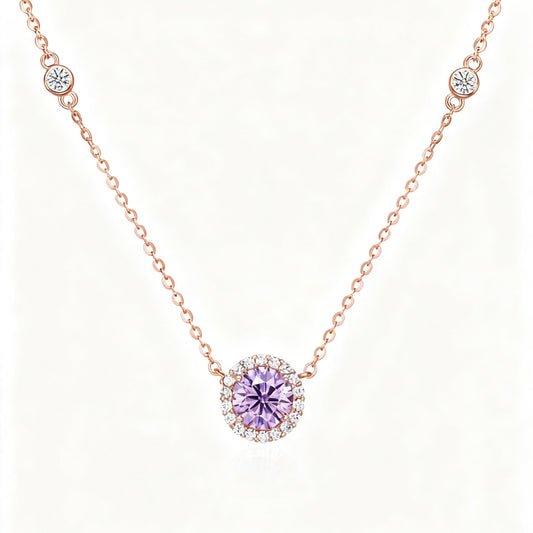 Lab-Grown Purple Sapphire Halo Necklace | 18K Rose Gold Plated S925 Sterling Silver Necklace for Women - BOCOS Jewelry