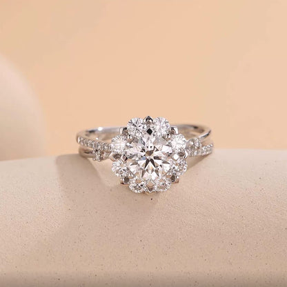 Floral Halo Moissanite Engagement Ring | 925 Silver Platinum Plated Round Cut Ring for Women - BOCOS Jewelry