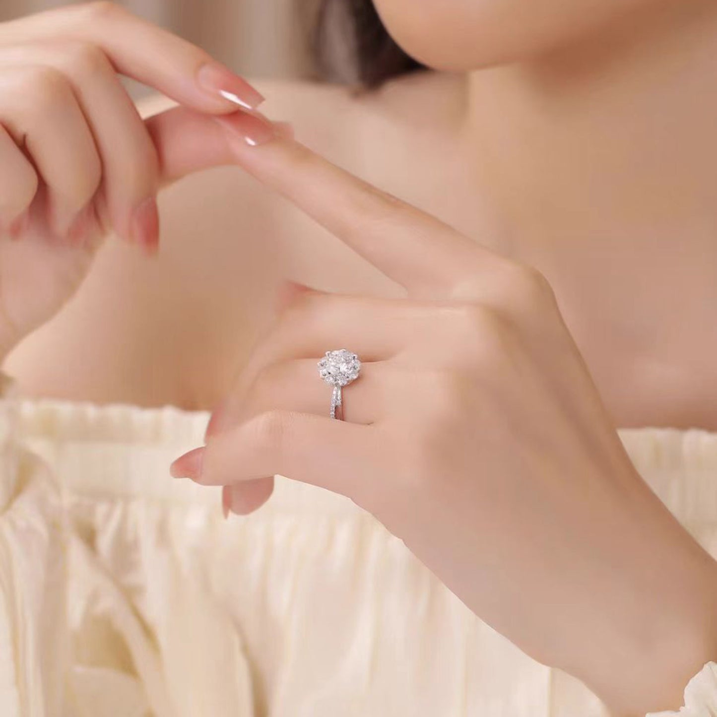 Floral Halo Moissanite Engagement Ring | 925 Silver Platinum Plated Round Cut Ring for Women - BOCOS Jewelry