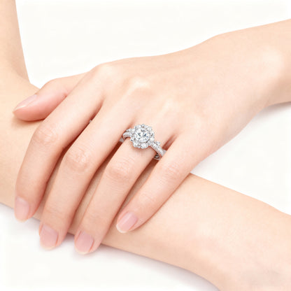Floral Halo Moissanite Engagement Ring | 925 Silver Platinum Plated Round Cut Ring for Women - BOCOS Jewelry