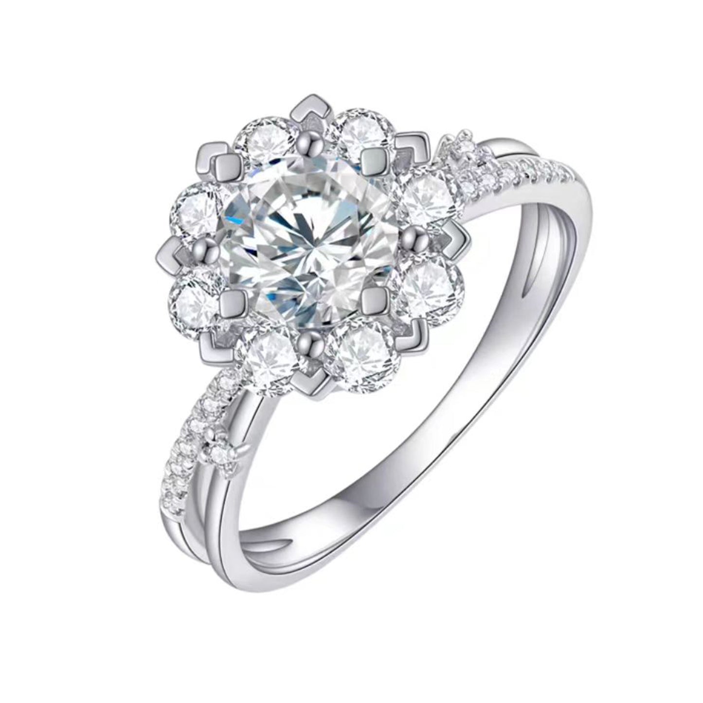 Floral Halo Moissanite Engagement Ring | 925 Silver Platinum Plated Round Cut Ring for Women - BOCOS Jewelry