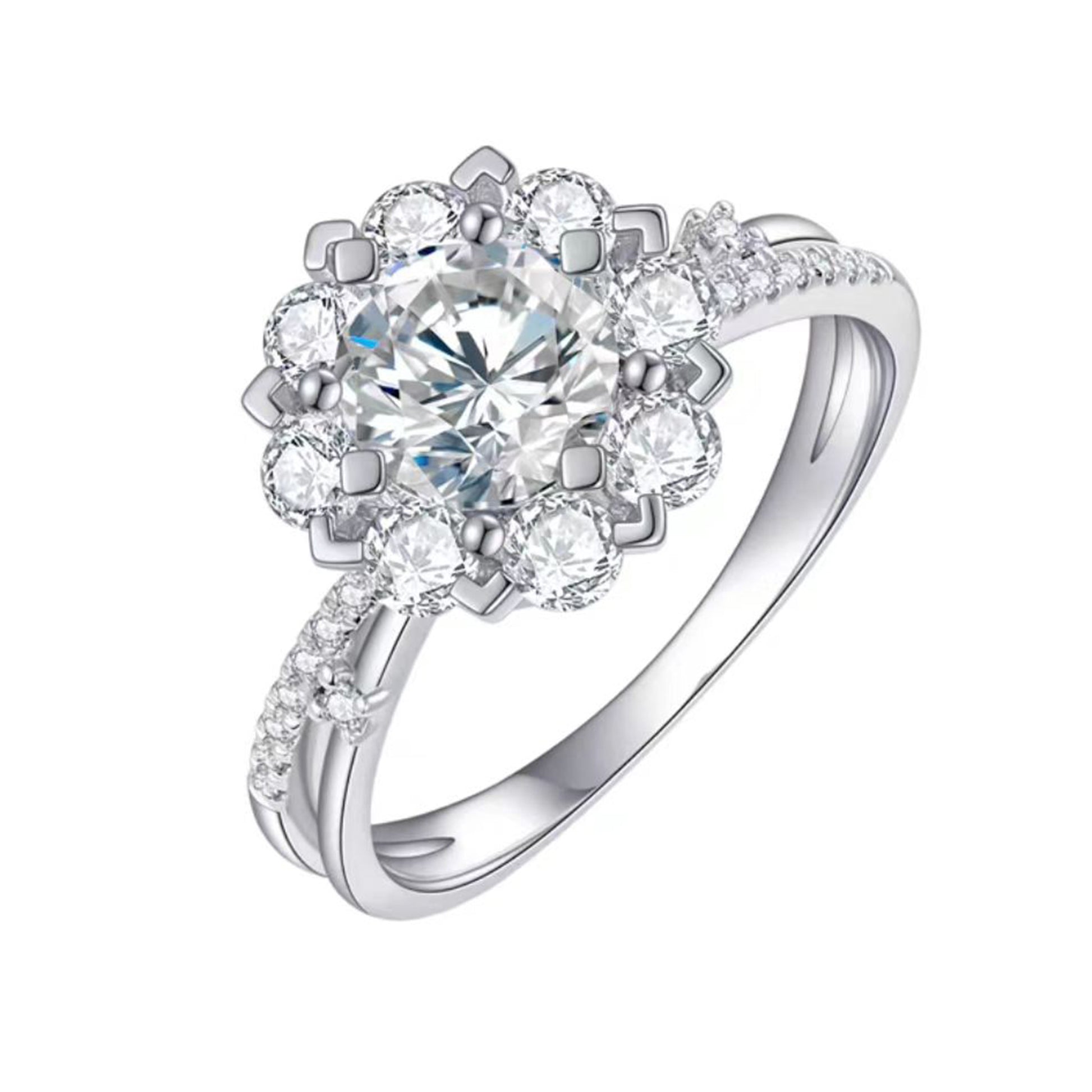 Floral Halo Moissanite Engagement Ring | 925 Silver Platinum Plated Round Cut Ring for Women - BOCOS Jewelry