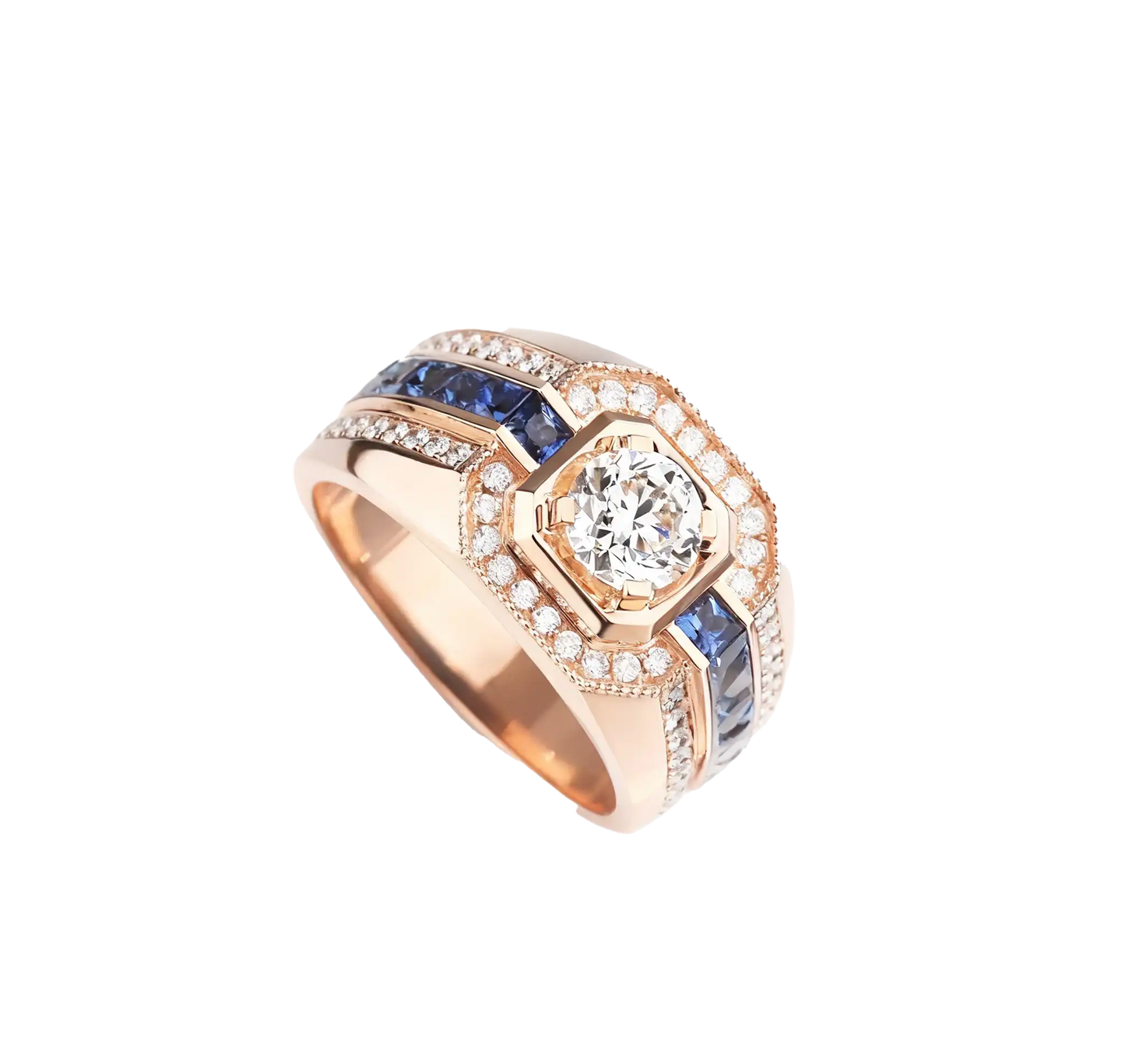 Men Engagement Ring - Moissanite & Sapphire Gold Mens Ring